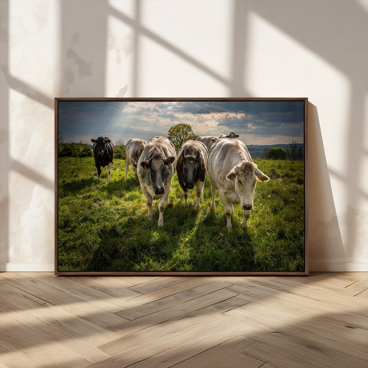 Grazing Cattle Herd Wall Art, Green Pasture Livestock Canvas