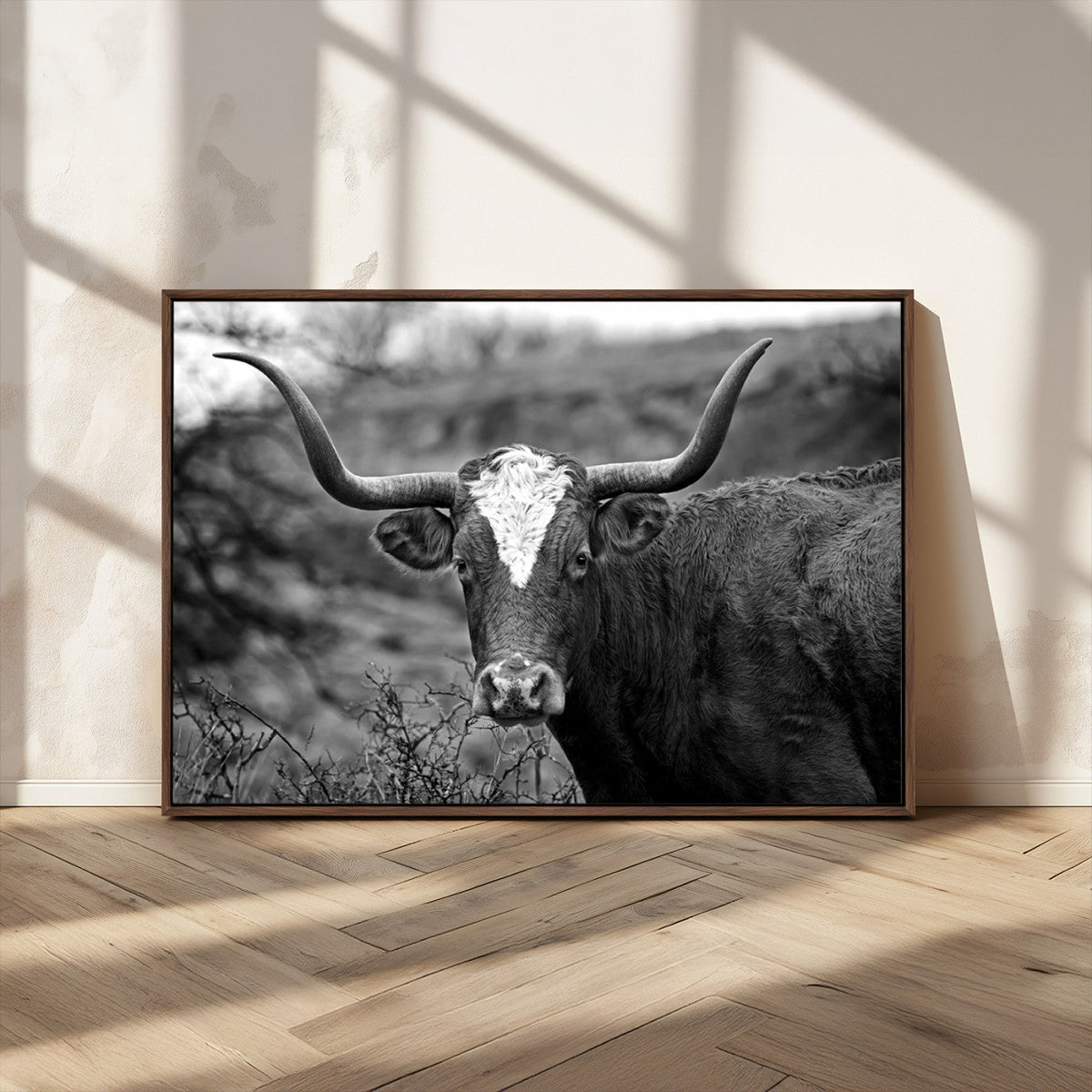 Western Home Wall Art Canvas Print, Framed Texas Longhorn