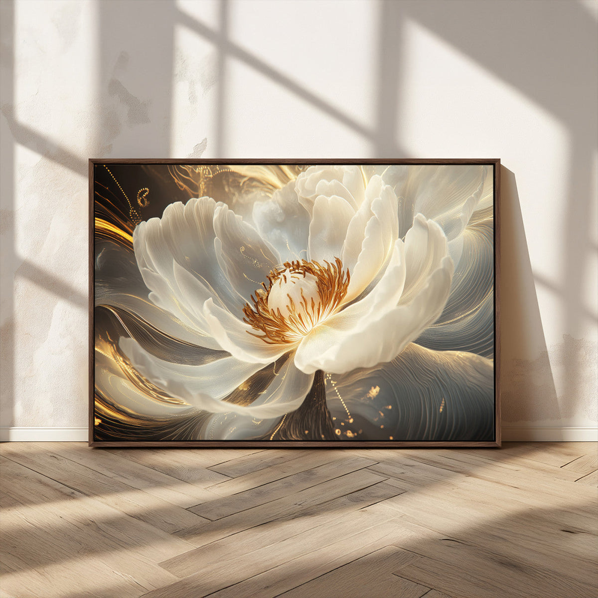 Gold Floral Wall Art Canvas Print, Framed Modern Flower Art