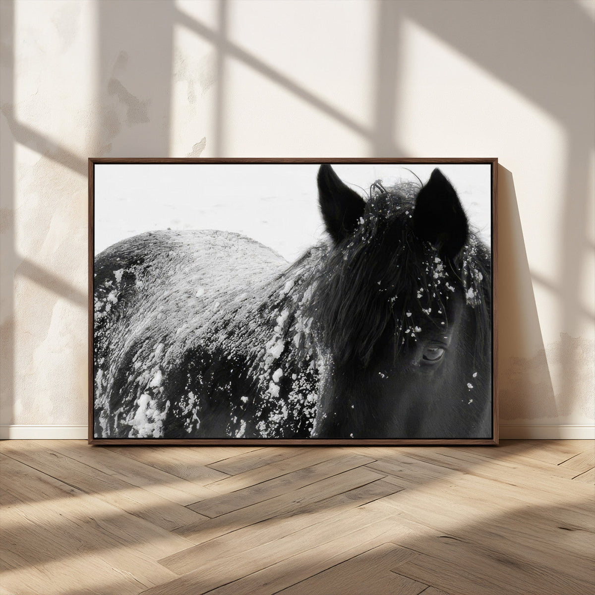 Black Horse in Snow Canvas Print | Winter Horse Wall Art |