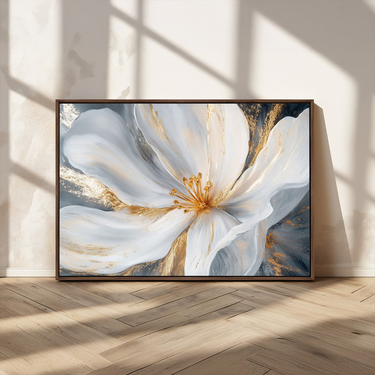 White and Gold Floral Canvas Wall Art - Framed and Ready to