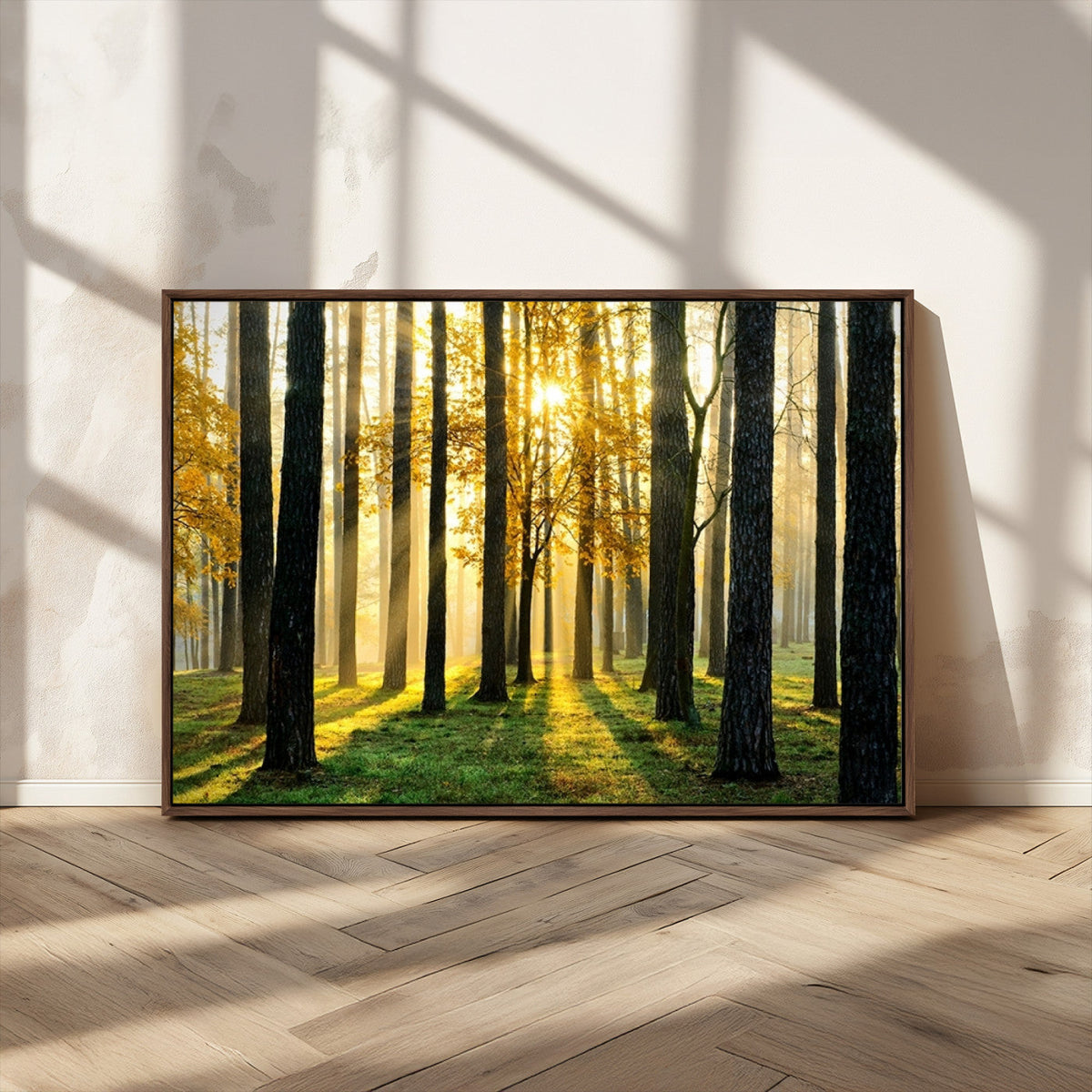Sunlit Forest Wall Art Canvas Print – Large Framed Woodland