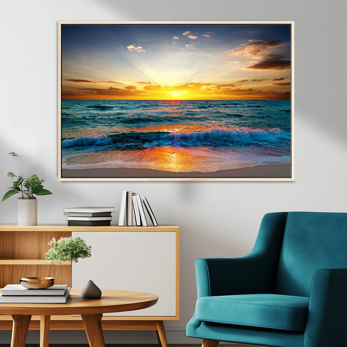 Vibrant Ocean Sunrise Over Golden Beach Waves, Giclee Canvas