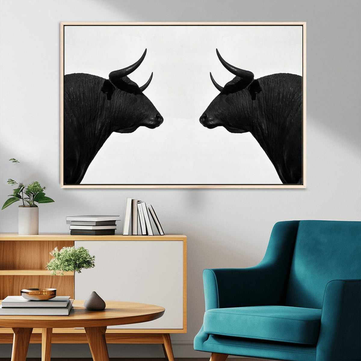 Spanish Bull Art - Framed Black and White Bull Canvas Print
