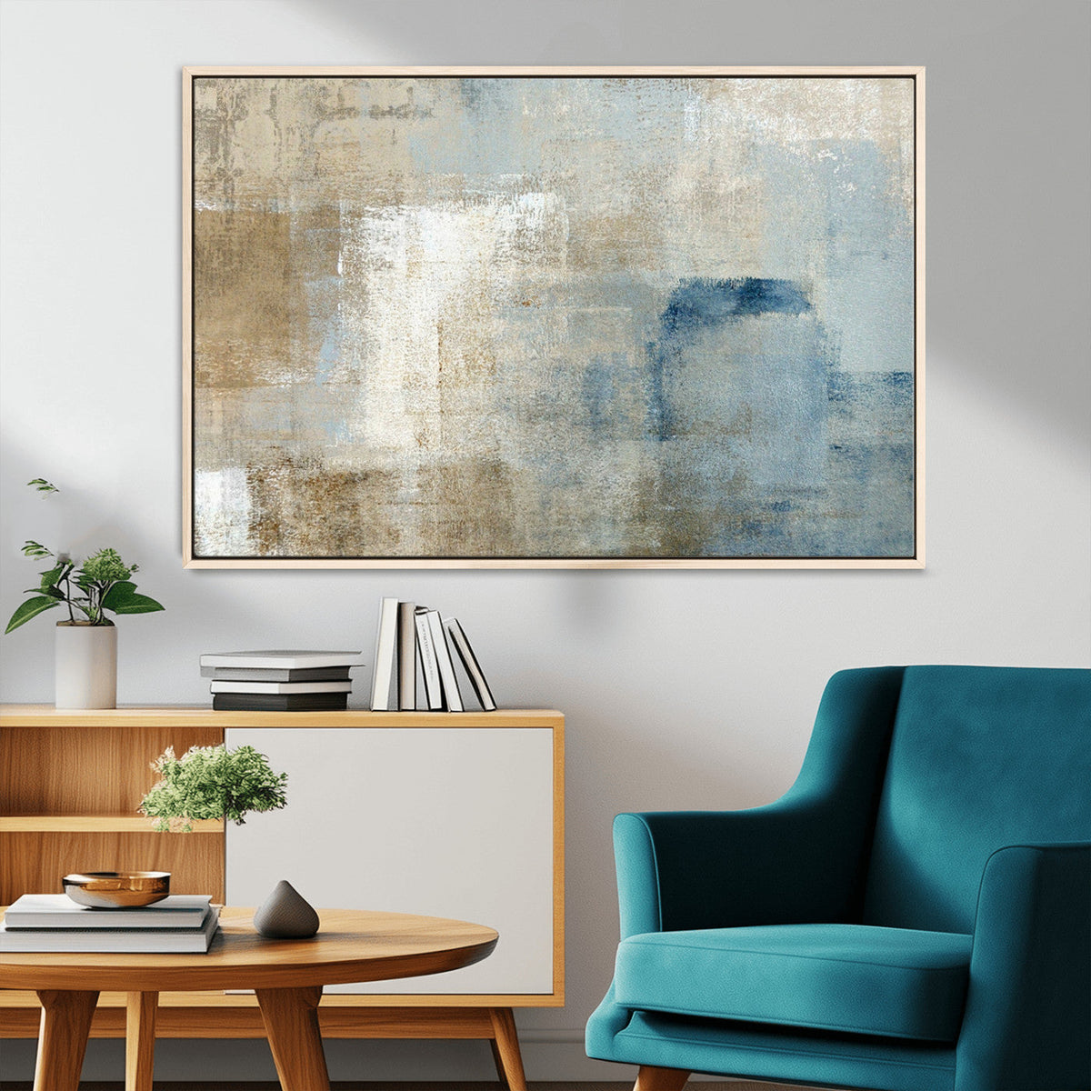 Abstract Blue and Beige Wall Art, Modern Minimalist Canvas