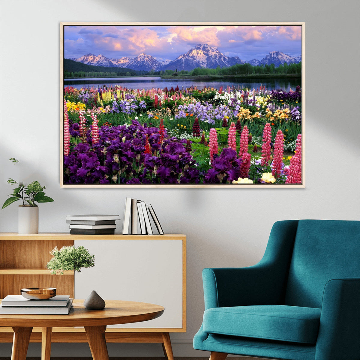 Vibrant Wildflower Garden and Mountain View Giclee Canvas
