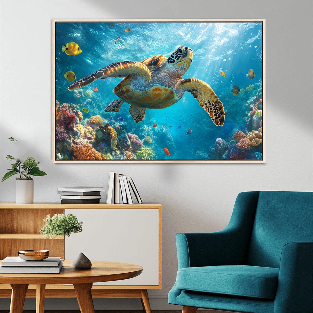 Sea Turtle Underwater Canvas Wall Art Print - Vibrant Ocean