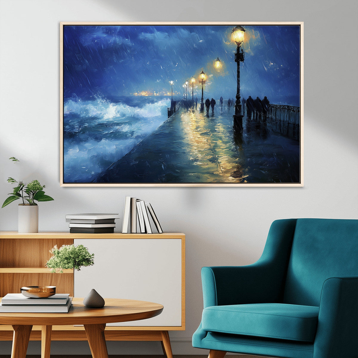 Storm Ocean Pier Canvas Wall Art Print - Large Moody Night