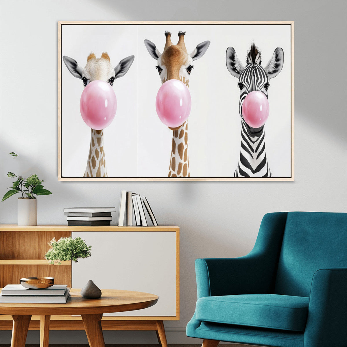 Bubblegum Animals Canvas Wall Art - Playful Giraffe and