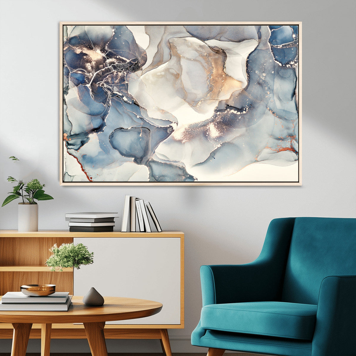 Abstract Blue and Gold Canvas Wall Art - Fluid Modern Ink