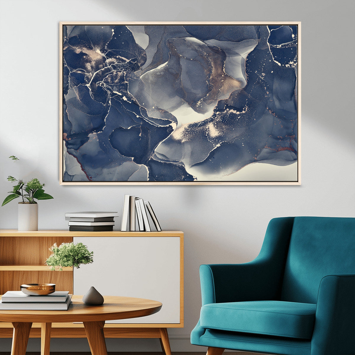Large Abstract Blue and Gold Canvas Wall Art Fluid Ink