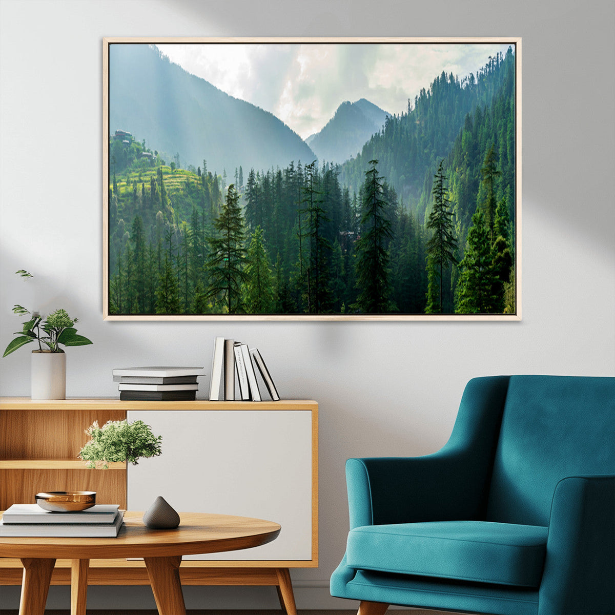 Misty Forest Mountain Wall Art Canvas Print – Framed Serene