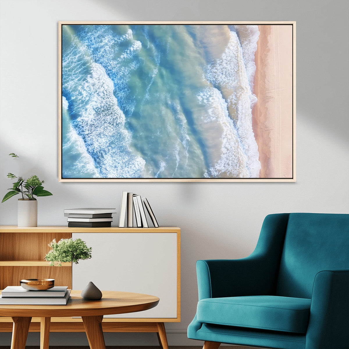 Aerial Ocean View Wall Art Canvas Print – Framed Soft Blue