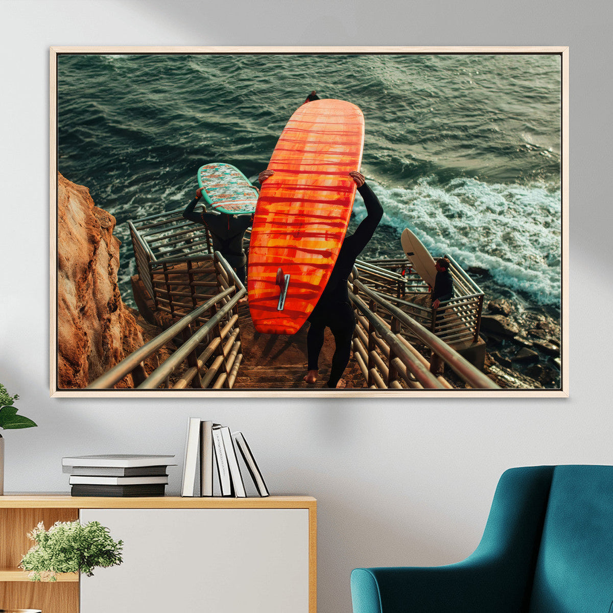 Surfer Stairway Wall Art – Framed Ocean Surf Canvas Artwork,