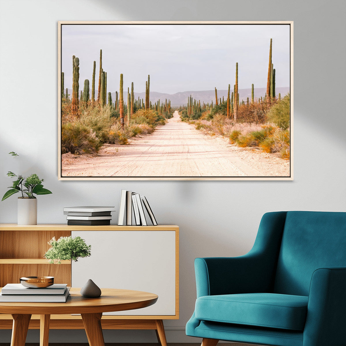 Desert Cactus Lined Road Wall Art Canvas Print – Framed