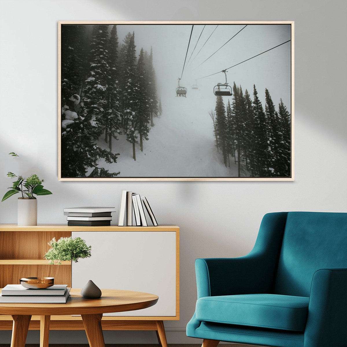 Ski Lift Wall Art Canvas Print – Snowy Pines Misty Landscape