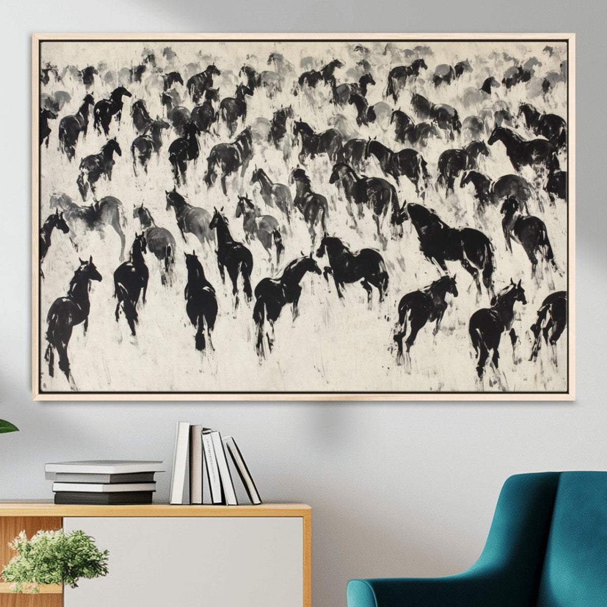 Wild Horse Stampede Wall Art Canvas Print – Monochrome
