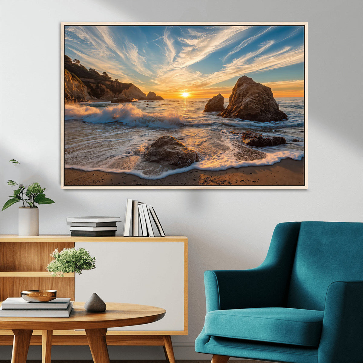 Rocky Ocean Sunset Wall Art Print – Seaside Canvas Dramatic