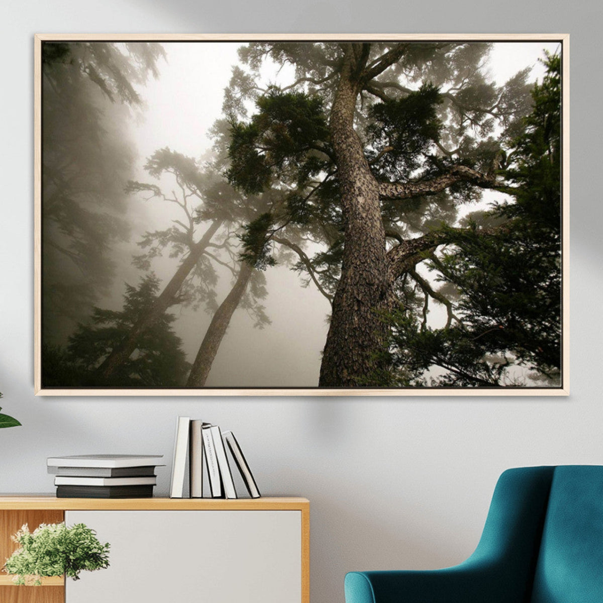 Misty Forest Wall Art Canvas Print, Tall Trees and Foggy