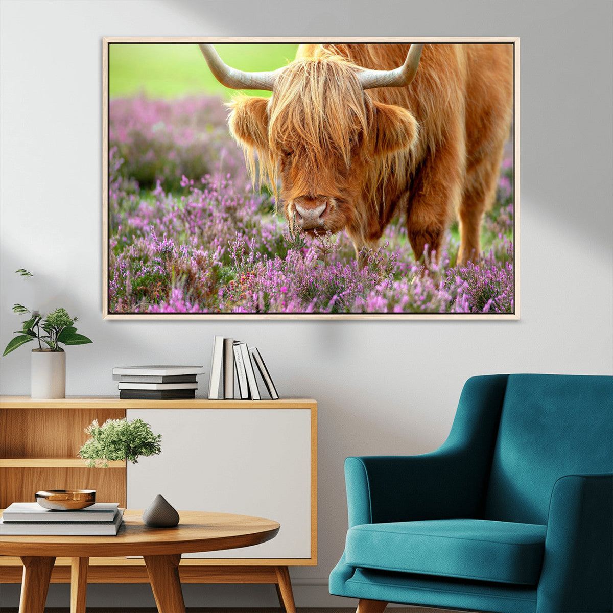 Highland Cow Wall Art – Purple Flowers Pasture Scenic
