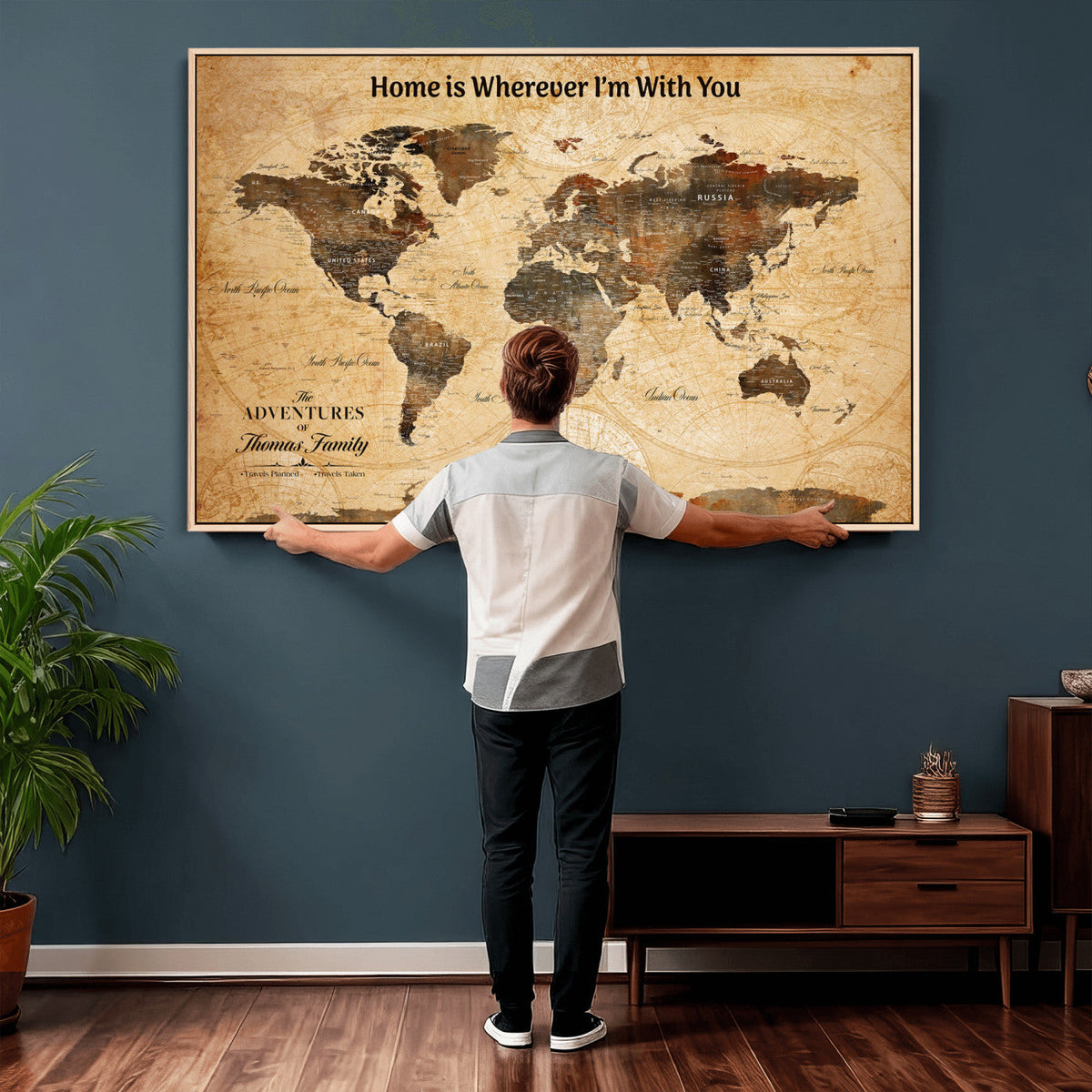 Vintage World Map Canvas Wall Art Print, Personalized