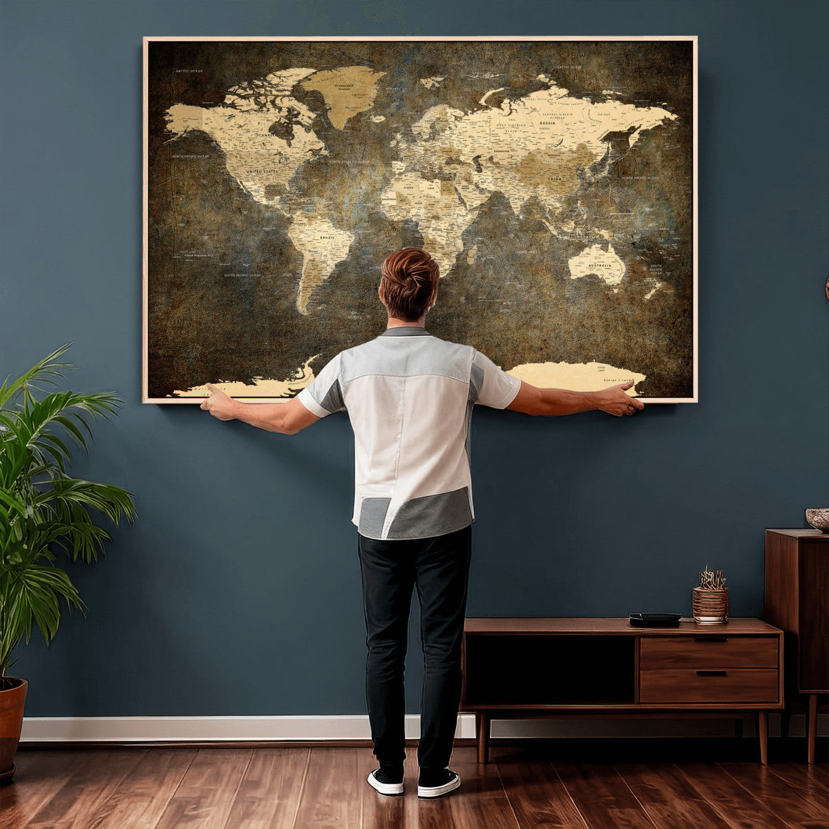 Large Framed Vintage World Map Wall Art Print for Home Wall