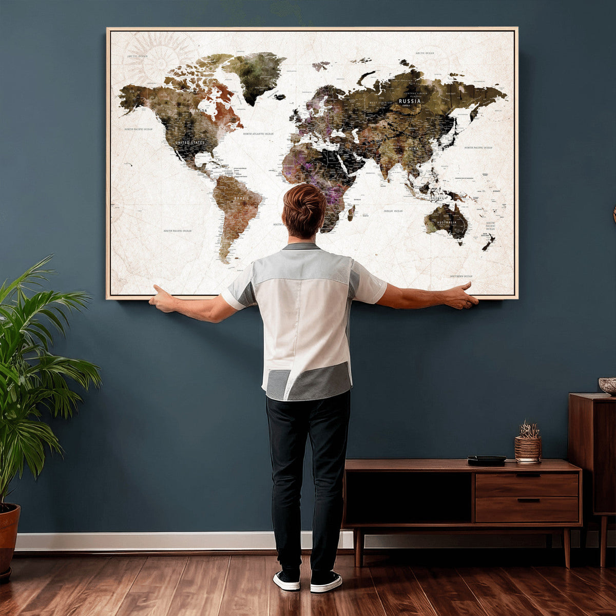Watercolor World Map Print - Large Wall Art Canvas Print for