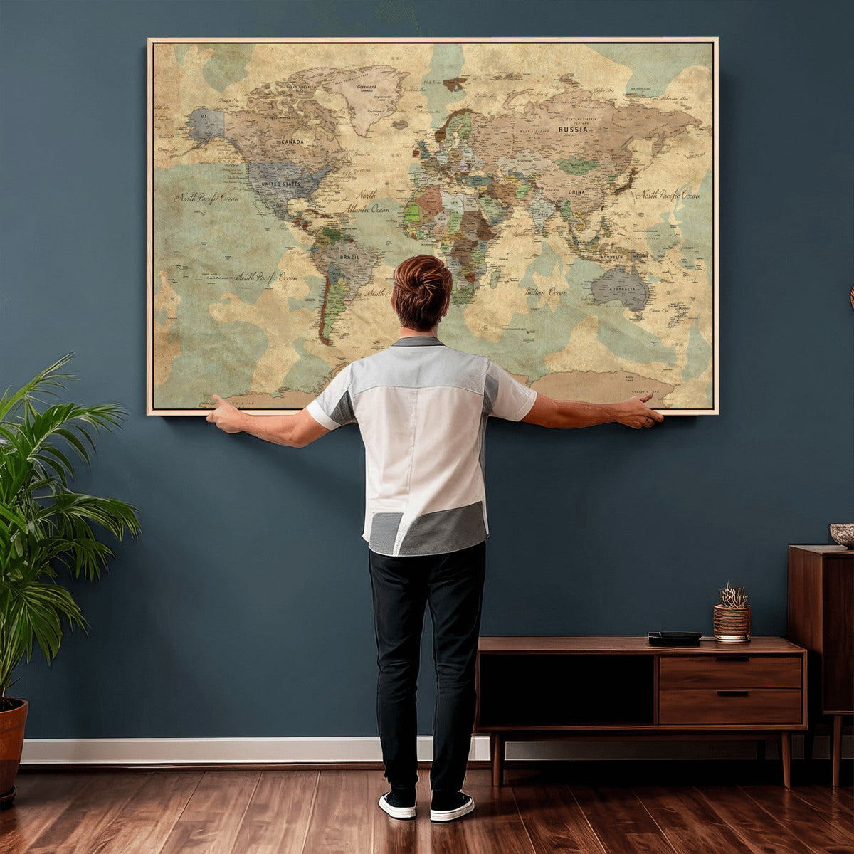 Vintage World Map Wall Art | Ready to Hang and Framed