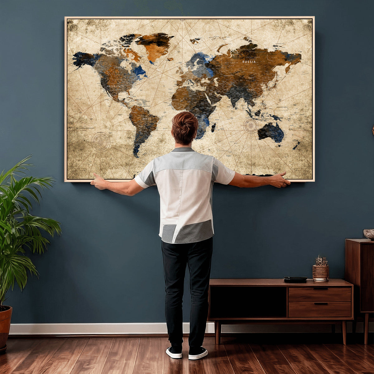 World Map Wall Art – Rustic Earth Tone Canvas Print, Antique