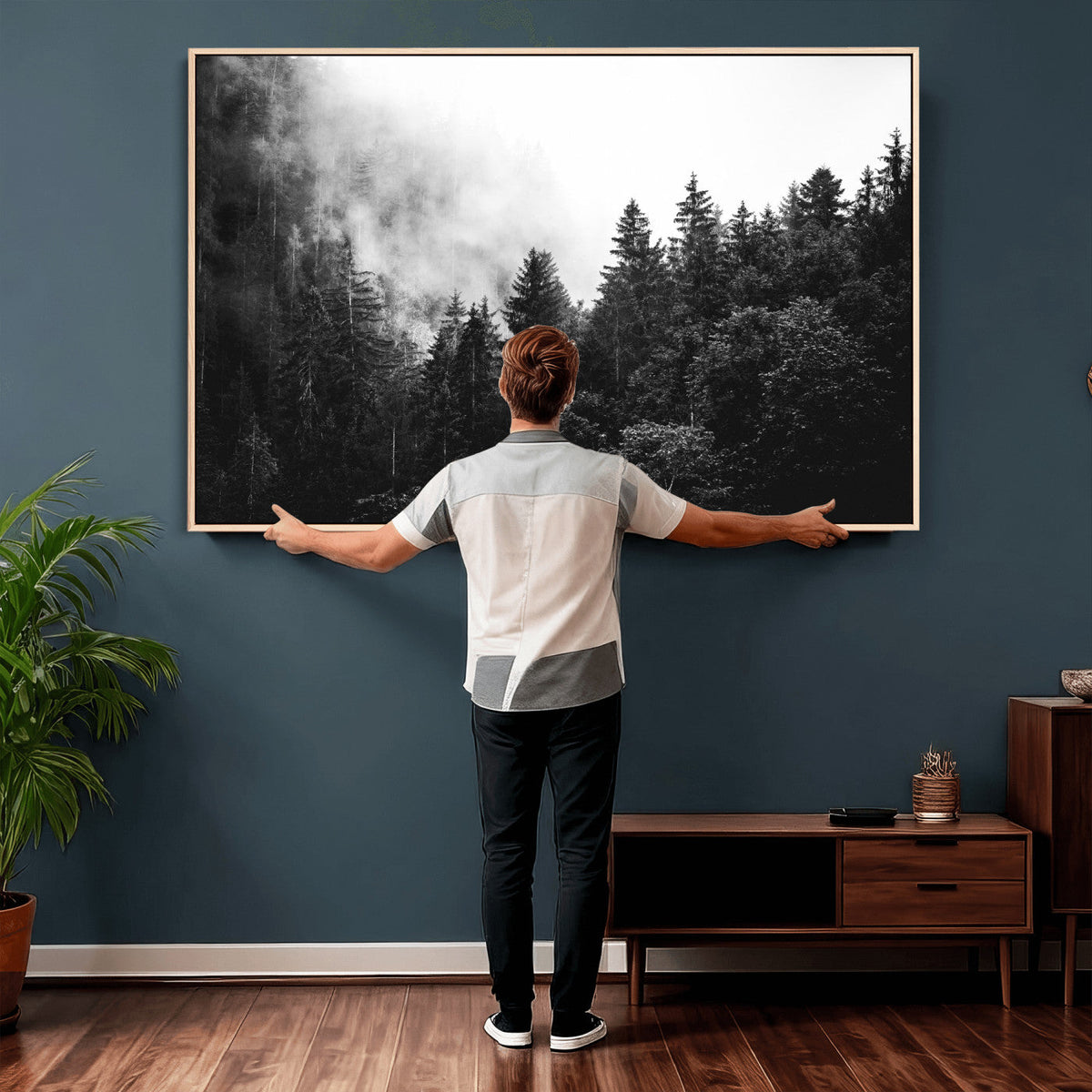 Black White Forest Wall Art Canvas Print, Misty Pine Tree