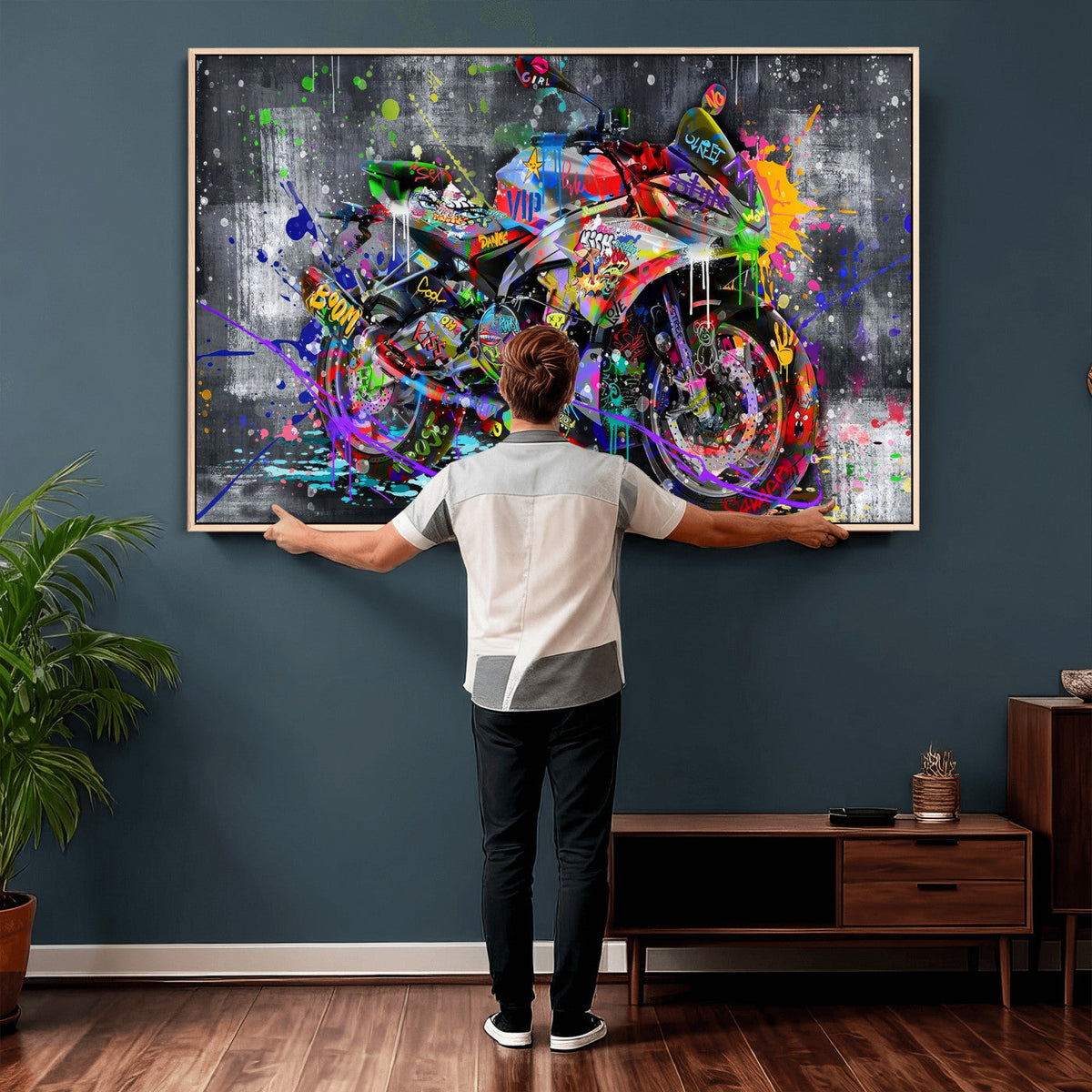 Graffiti Motorcycle Wall Art Canvas Print, Urban Street Art