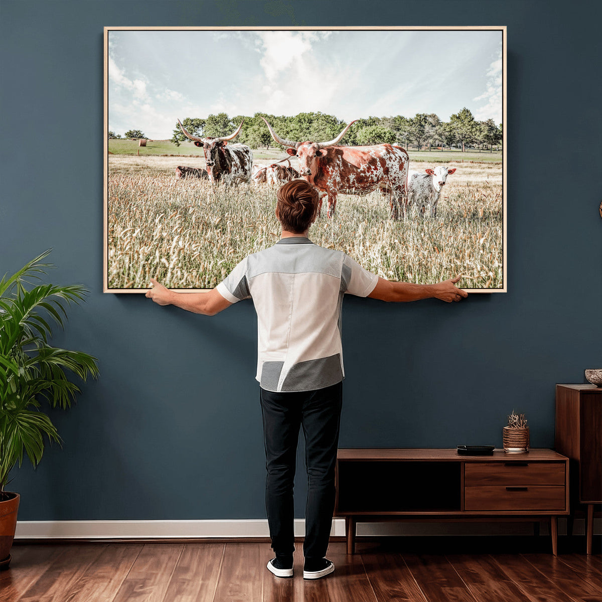 Texas Longhorn Cattle Wall Art Canvas Print, Rustic Ranch