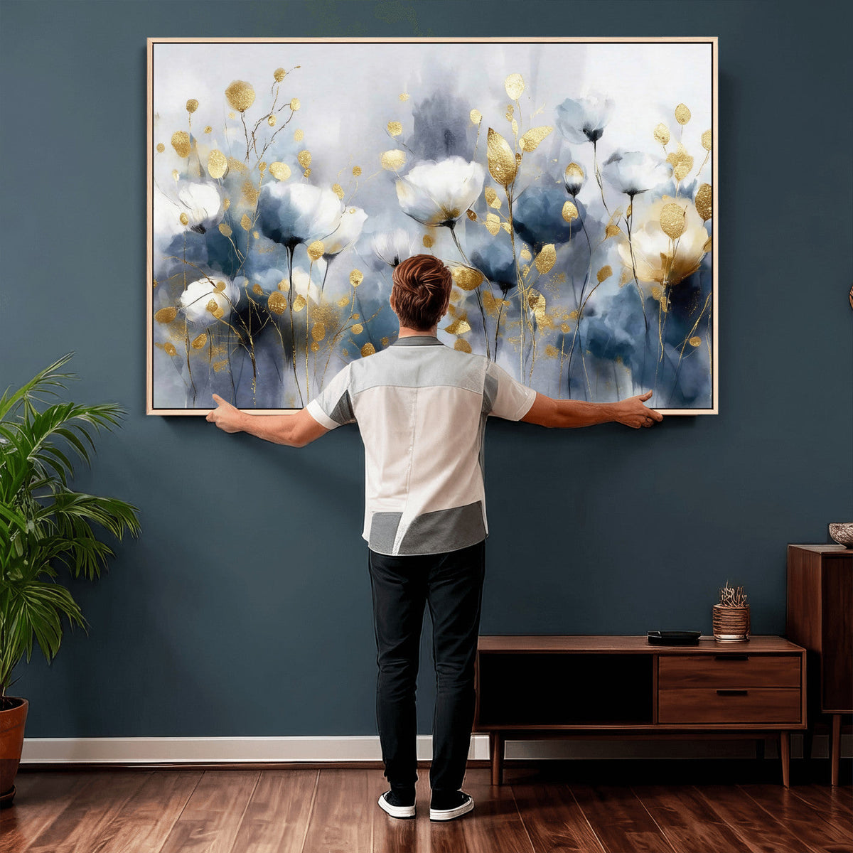 Large Abstract Flowers Wall Art Canvas Print – Gold and Blue