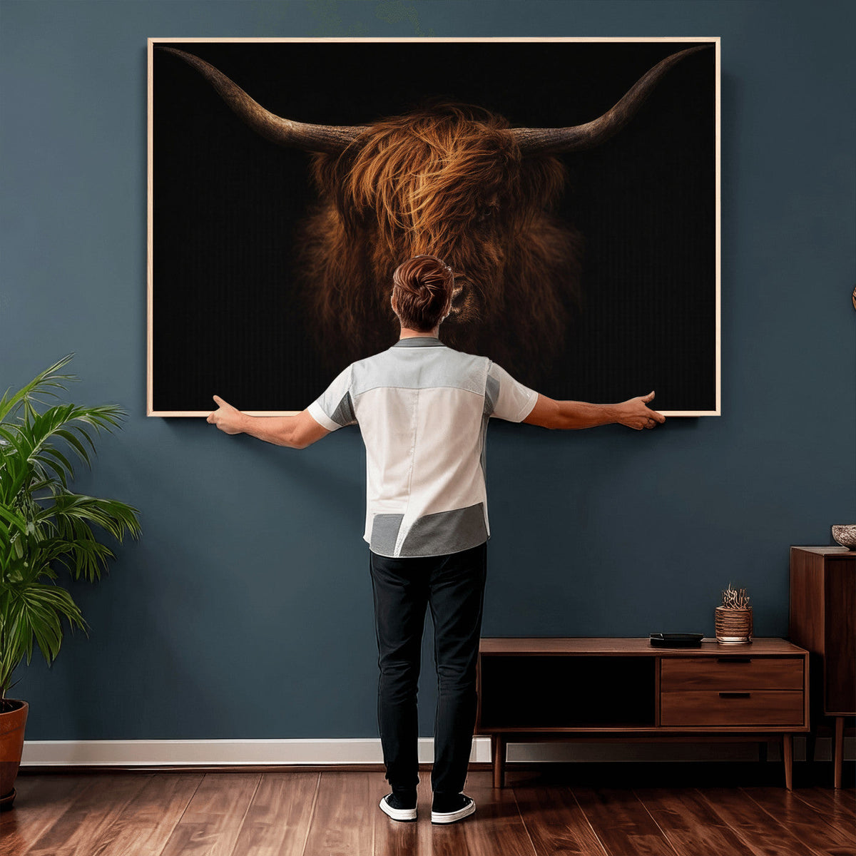 Highland Cow Wall Art Canvas Print – Moody Dark Rustic