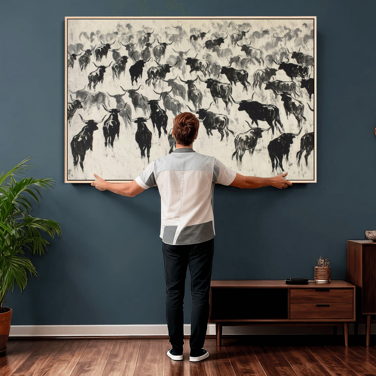 Longhorn Cattle Canvas Wall Art, Black White Stampede Ink