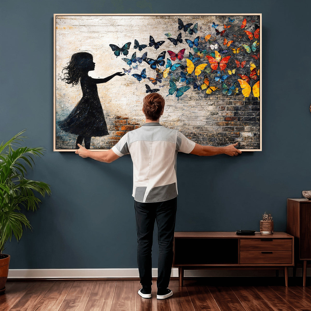 Banksy Butterfly Girl Wall Art Canvas Print, Framed Street