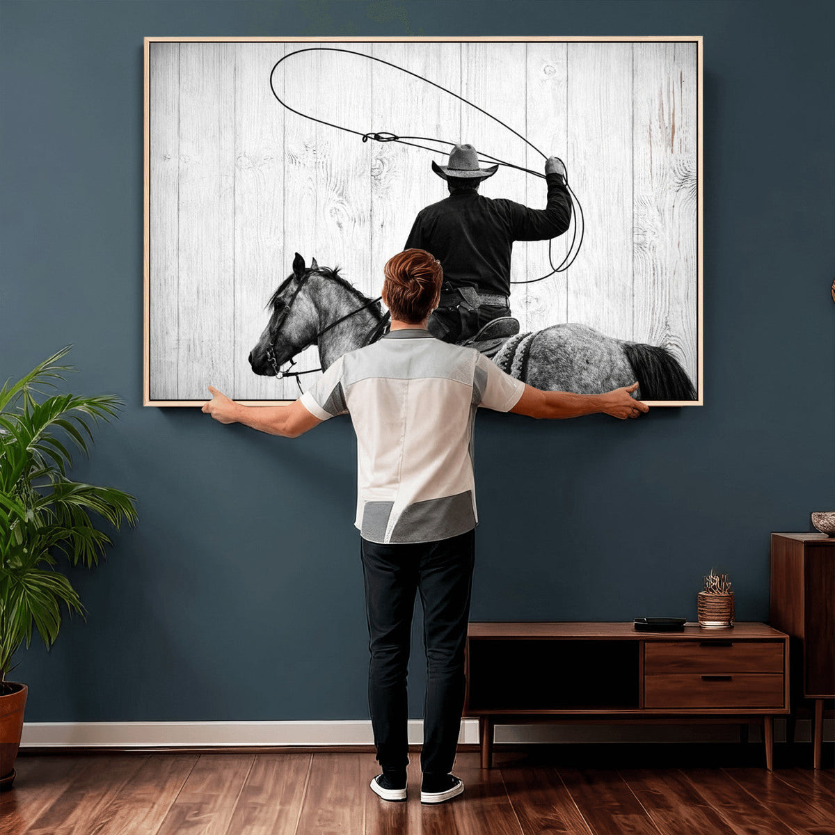Cowboy Lasso Canvas Wall Art, Black White Western Horse