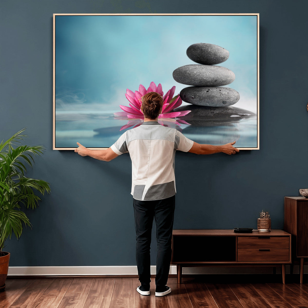 Zen Canvas Wall Art Lotus Flower Stacked Stones Teal Spa
