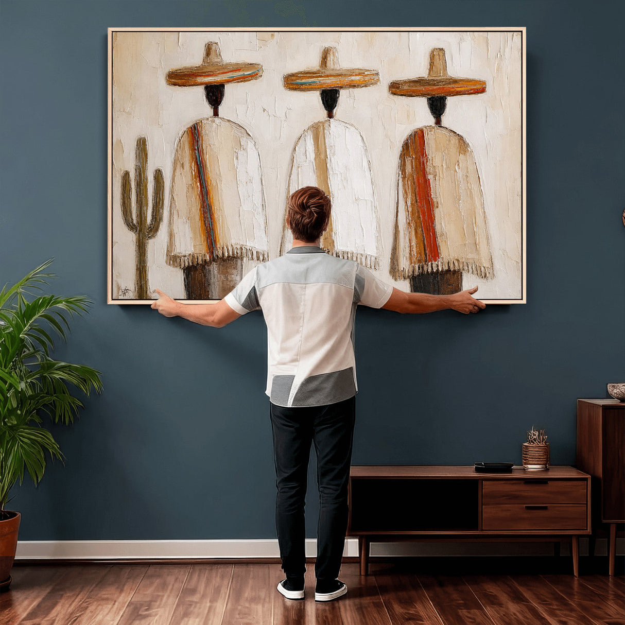 Mexican Wall Art Canvas Print, Southwestern Sombrero Poncho Painting, Neutral Earthy Boho Decor, Fiesta Living Room Art, Impasto Style Print
