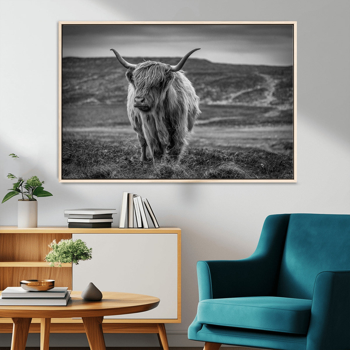 Fluffy Cattle Wall Art Print, Highland Cow Canvas, Framed