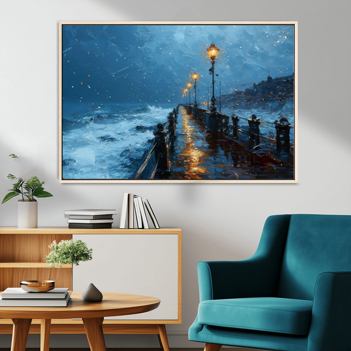 Stormy Night at Beach Pier Oil Painting Large Wall Art