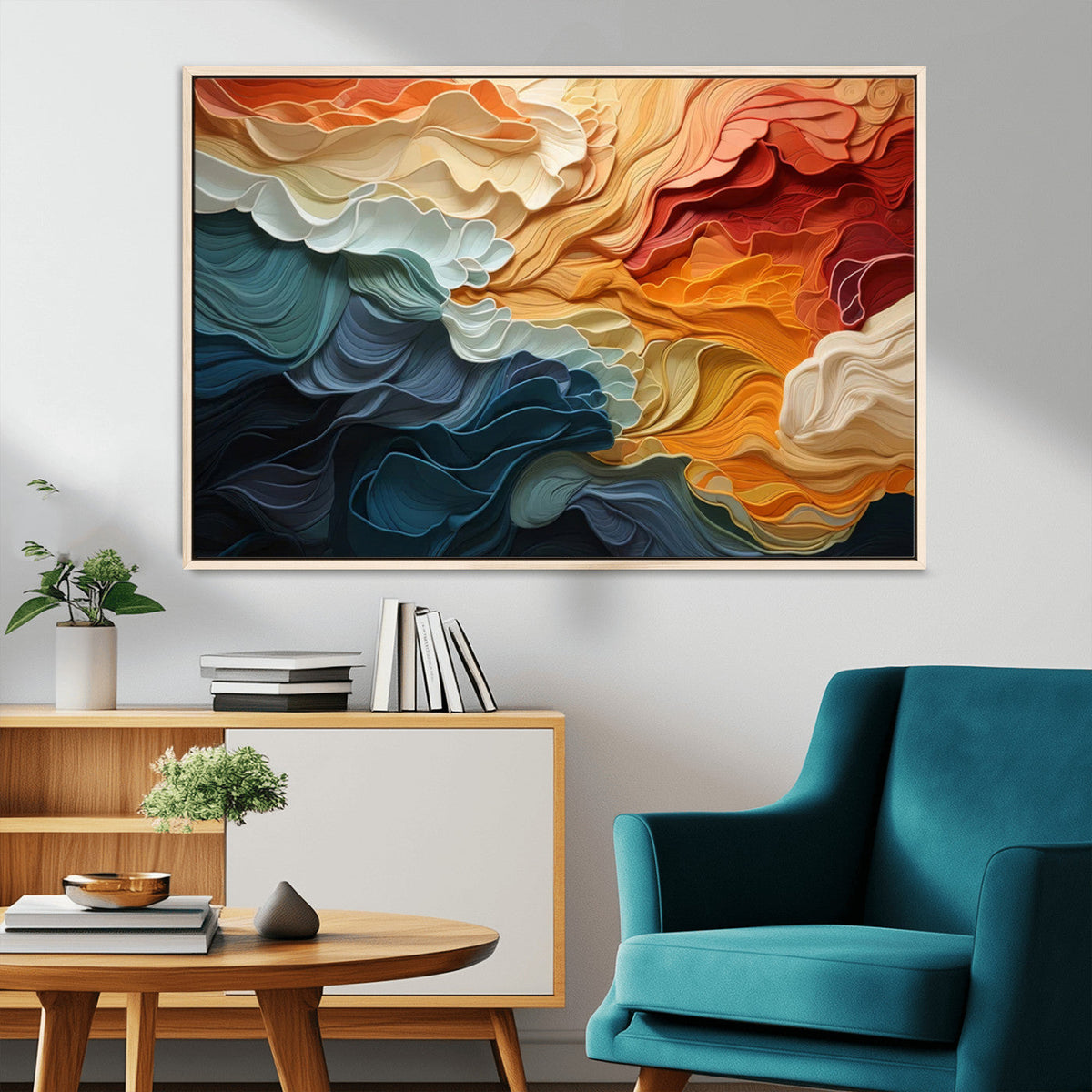 Blue Orange Abstract Wave Wall Art Canvas Print, Framed Blue