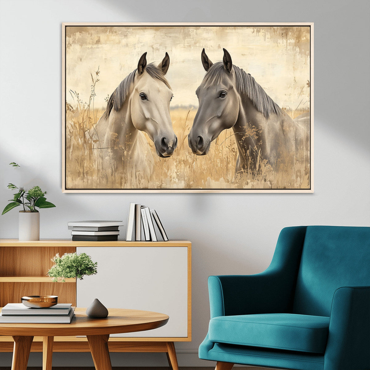 Chines Ink Style Grunge Horses Wall Art Canvas Print