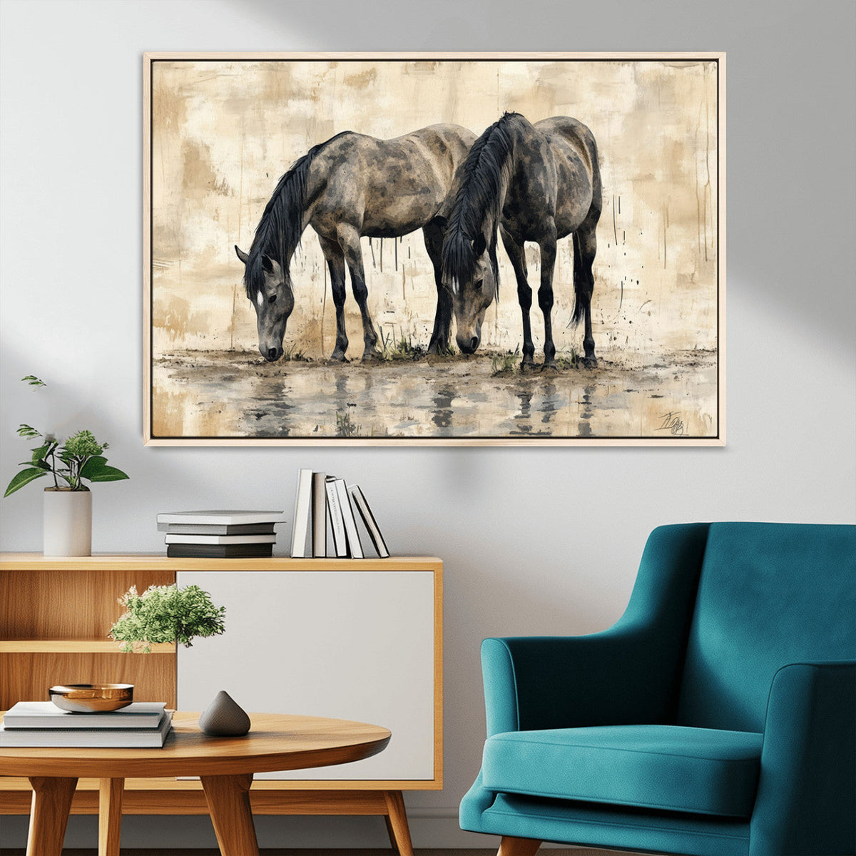 Chinese Style Abstract Black Horses Wall Art Canvas Print -