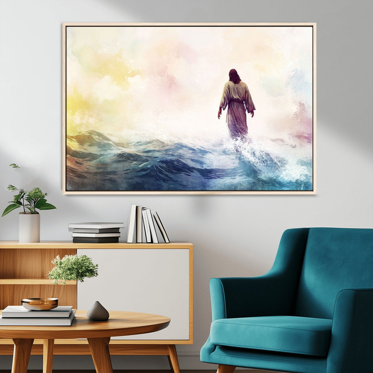 Watercolor Jesus Walking on Water Canvas Print, Christian