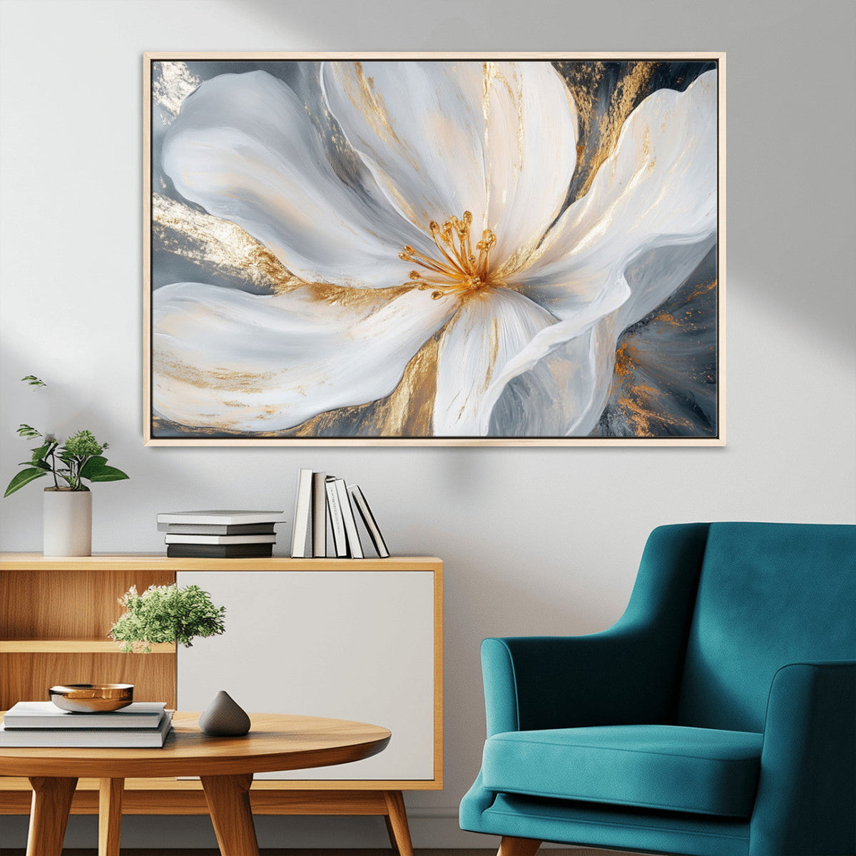 White and Gold Floral Canvas Wall Art - Framed and Ready to