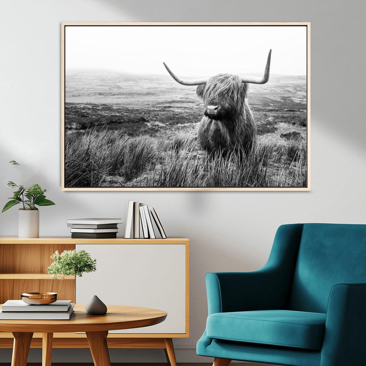 Scottish Highland Cow Wall Art | Black and White Canvas