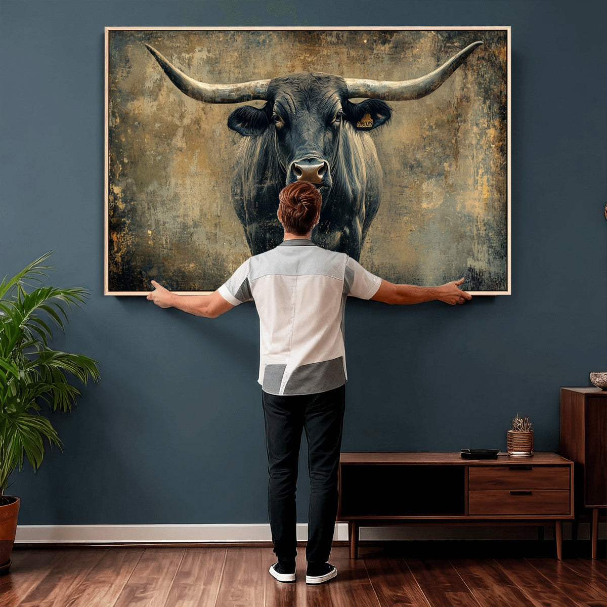Texas Longhorn Bull Wall Art – Framed Rustic Cow Canvas