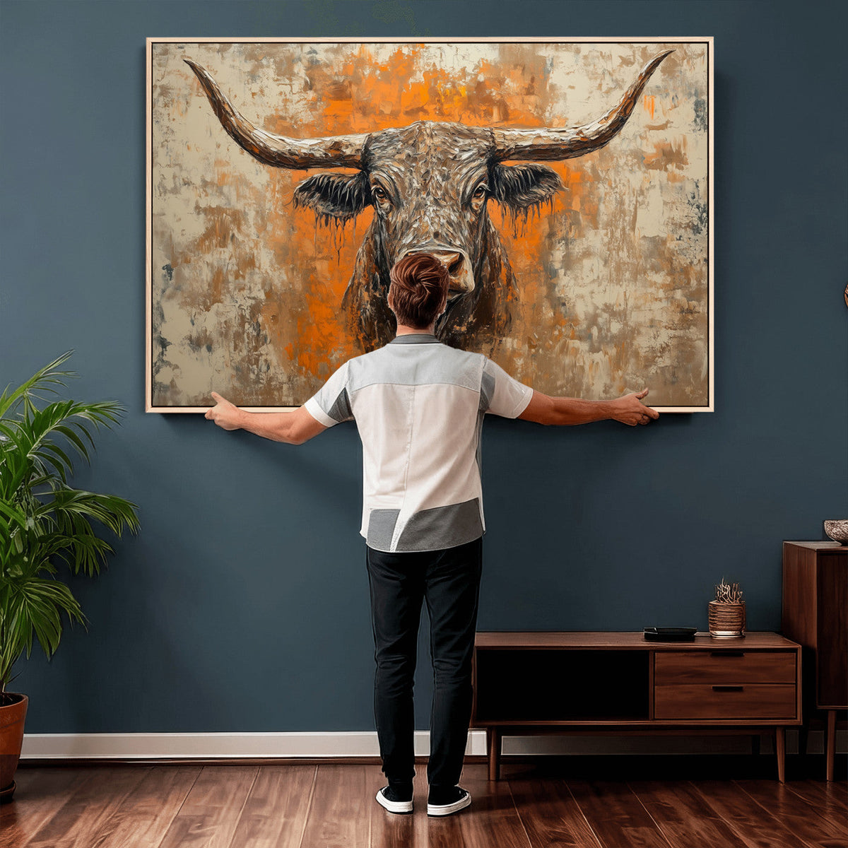 Abstract Cow Longhorn Bull Wall Art Canvas Print - Rustic