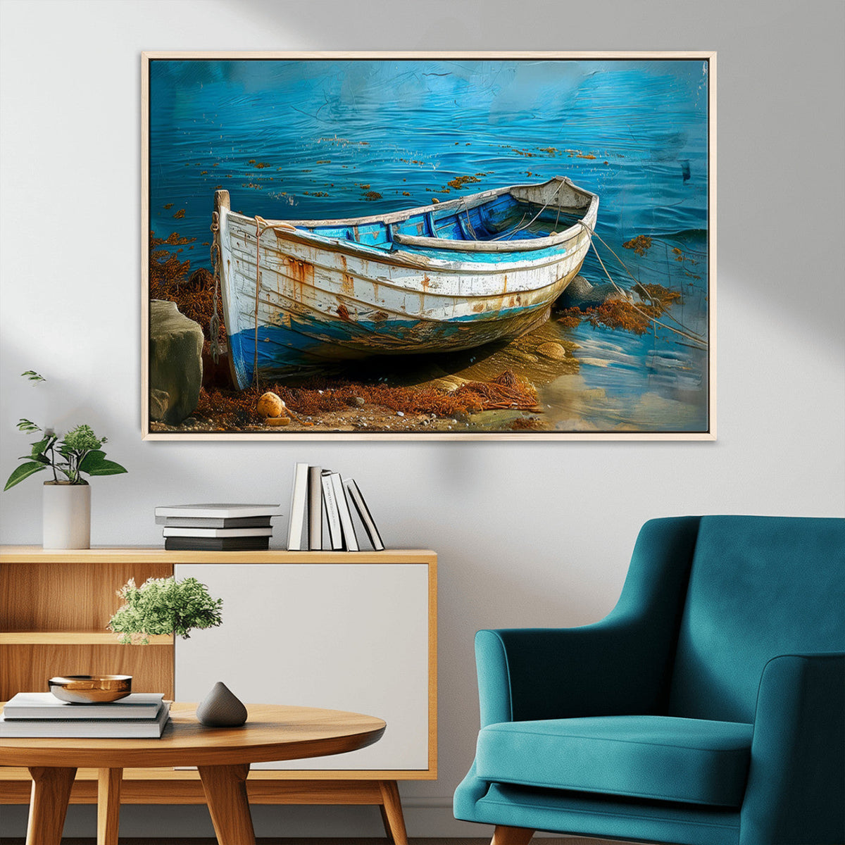 Vintage Boat on Tranquil Waters | Coastal Wall Art for